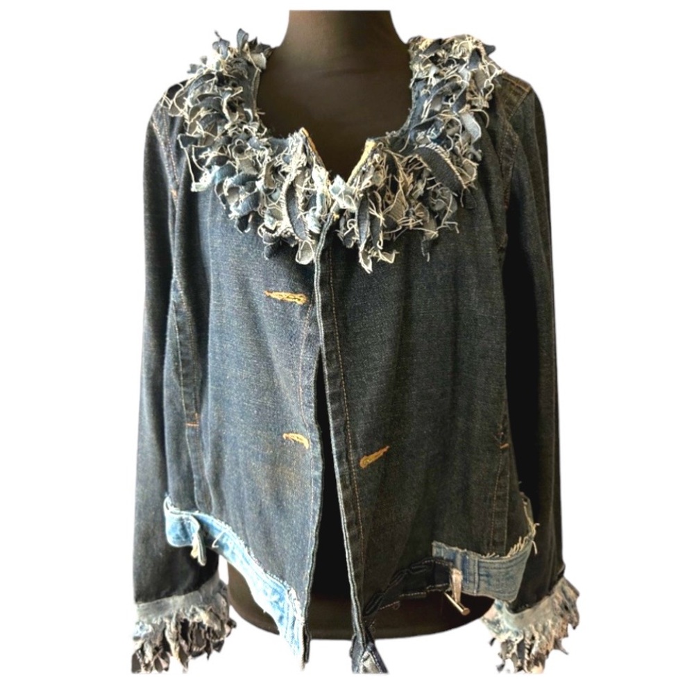 WOMEN HANDMADE DISTRESSED FASHION FLARED DENIM JACKET